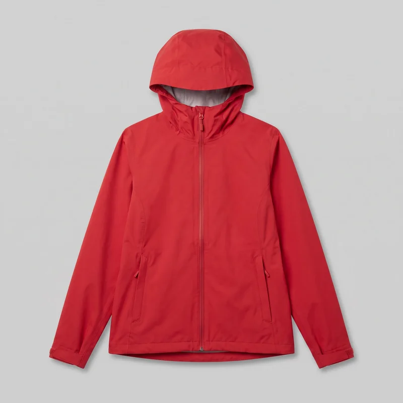 Women's red hardshell jacket shown laid flat in a complete front view against a backdrop. It has an attached hood with panel seams, a structured front edge, a high neck, a center-front full-length zipper, long sleeves, and a regular straight silhouette. Two lower front zip pockets are integrated into curved or vertical seam panels, while adjustable tab details finish the cuffs. The hip-length body has a slightly curved drop-tail hem visible below the front hem, with stitched edges throughout.