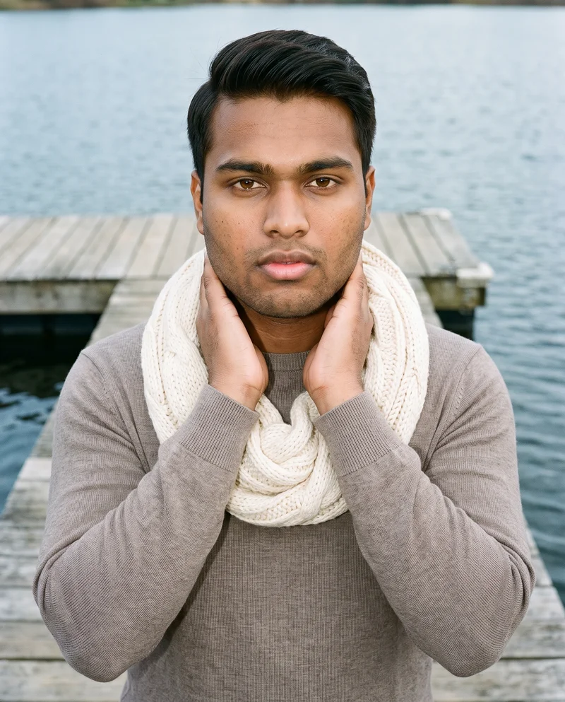 A 20-year-old Indian man is shown from the upper body in a front view, wearing a men's cream cable-knit snood with his hands on his neck. The lakeside dock forms the backdrop, and he has a confident facial expression.