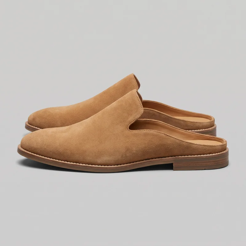 A pair of tan suede mule-style loafers is shown in a side three-quarter view, with one shoe positioned in front of the other. The backless shoes have closed rounded toes, high vamps, open heels, stitched openings, welt-style stitching around the outsole edges, and flat low stacked-look soles with slightly defined heel blocks.