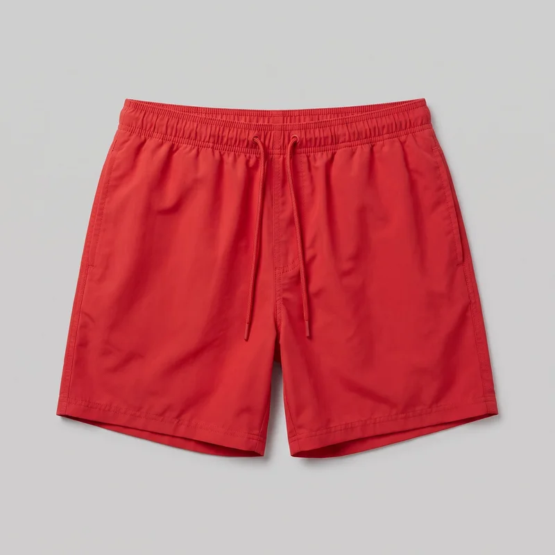 Red men's swim trunks are shown laid flat in a standalone front view. The shorts have a relaxed straight-leg silhouette, a mid-rise elastic waistband with gathered channels, a centered loose drawstring with capped ends, side-entry hip pockets, vertical side seams, a central placket seam, and straight above-knee hems with double-stitched edges.