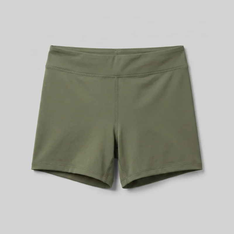 Women's olive high-rise training bike shorts laid flat in a mostly complete front view. The close-fitting mid-thigh design has a wide smooth waistband, a vertical center front seam, inner-leg seam shaping, and double-stitched hems at the straight leg openings.