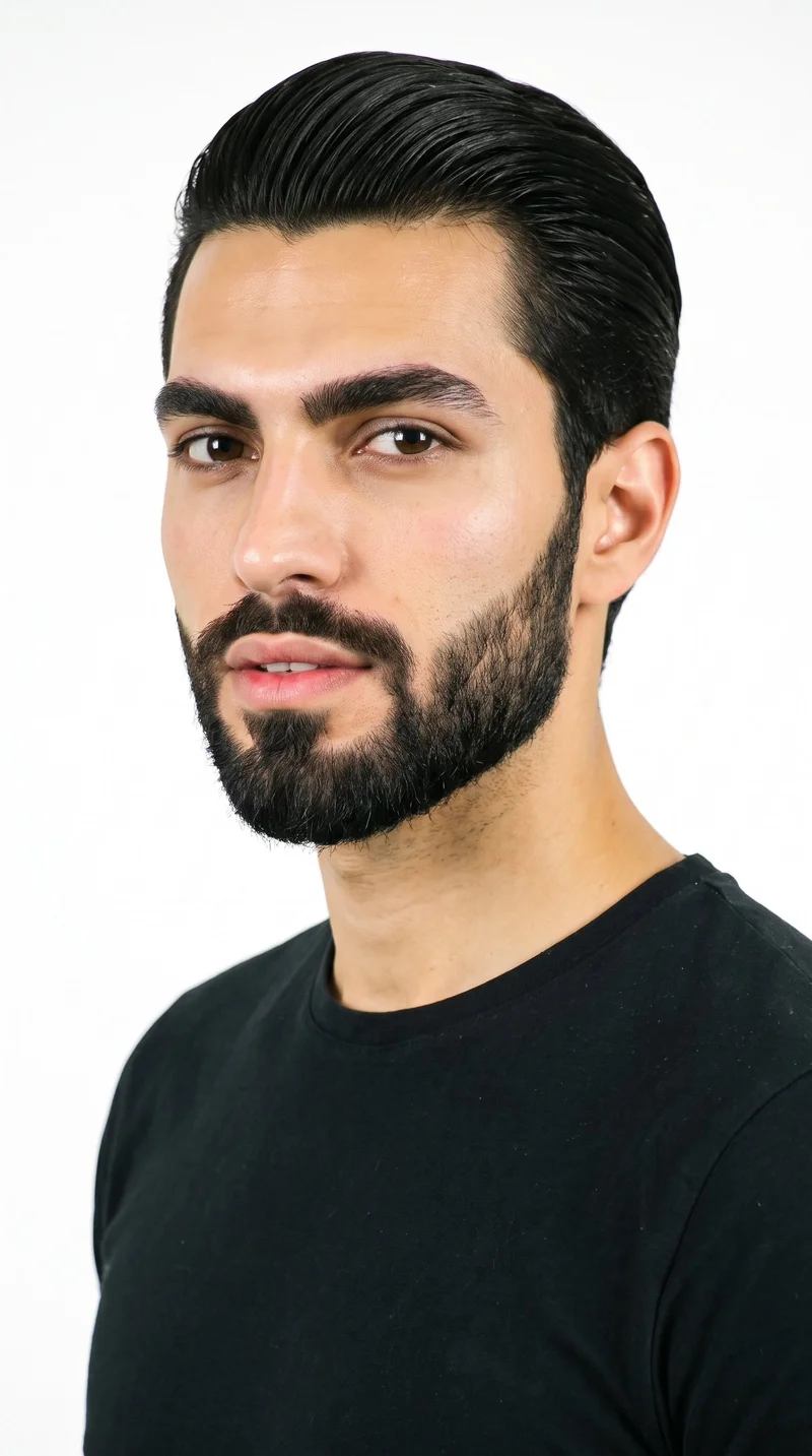 A 23-year-old Caucasian man has medium olive skin with a peach undertone and a softly balanced, refined face shape. His eyebrows are thick, and his eyes are brown. He has full lips and a short, full beard trimmed evenly with clean cheek and neckline edges. His deep black hair is styled close to the head with a glossy, freshly wet finish.
