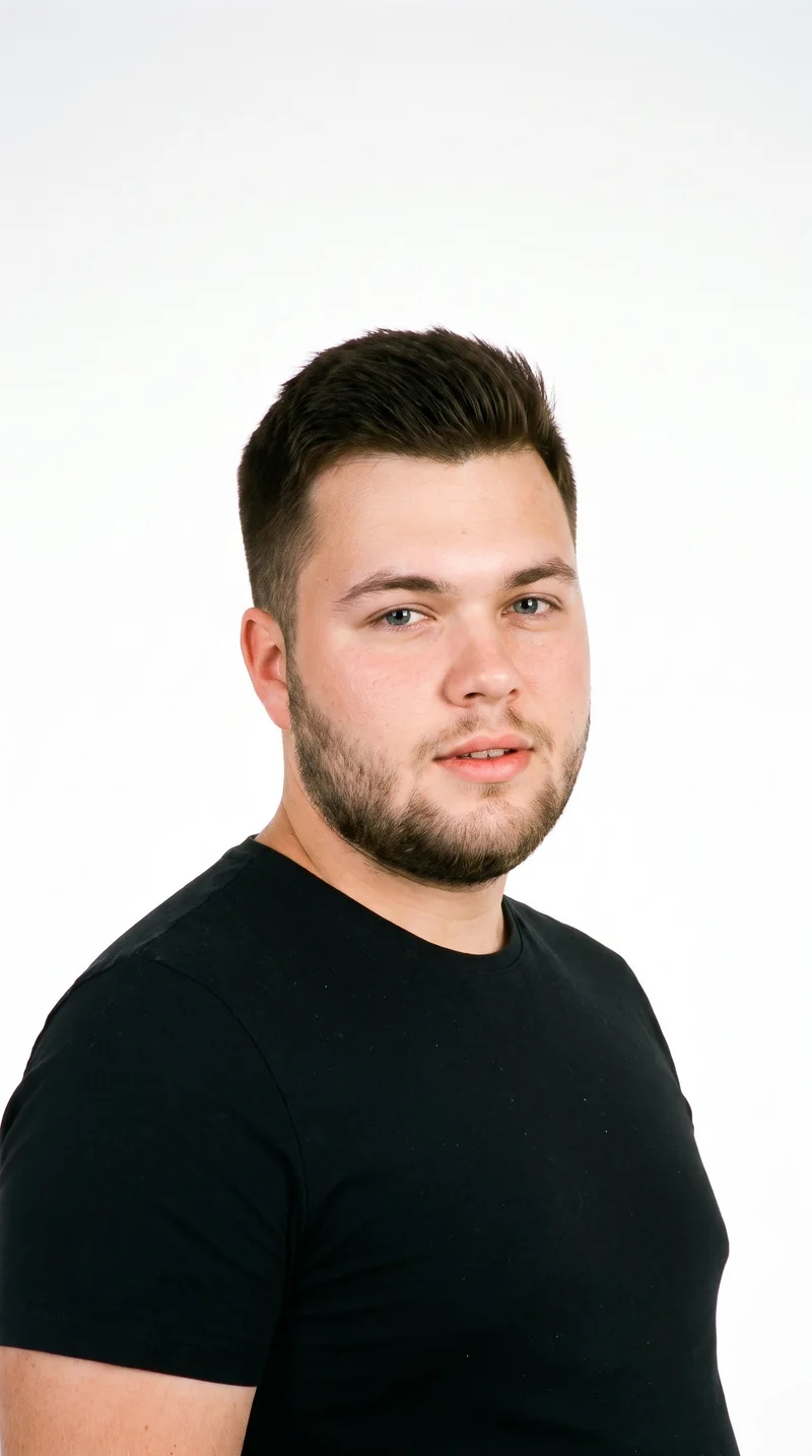 An 18-year-old Caucasian man with lightly tanned fair skin and a cool undertone. His face is round, with soft, full contours, gentle curves, and few angles. He has medium-thickness eyebrows, blue eyes with a cool undertone, and medium lips. His dark-brown hair is styled in a short, tapered crew cut that is slightly longer on top than at the sides. Short, even beard growth gives his face a clearly visible, closely groomed texture.