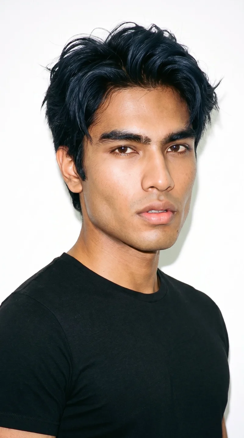 A 23-year-old Southeast Asian man with golden-brown skin and a warm golden undertone. His Roman face has strong classical structure, a prominent nose line, and a defined jaw. He has thin eyebrows, very dark near-black eyes, and very full lips. His deep black hair is tousled, with loosely styled texture and natural movement. He is clean-shaven, with smooth skin across the whole face.