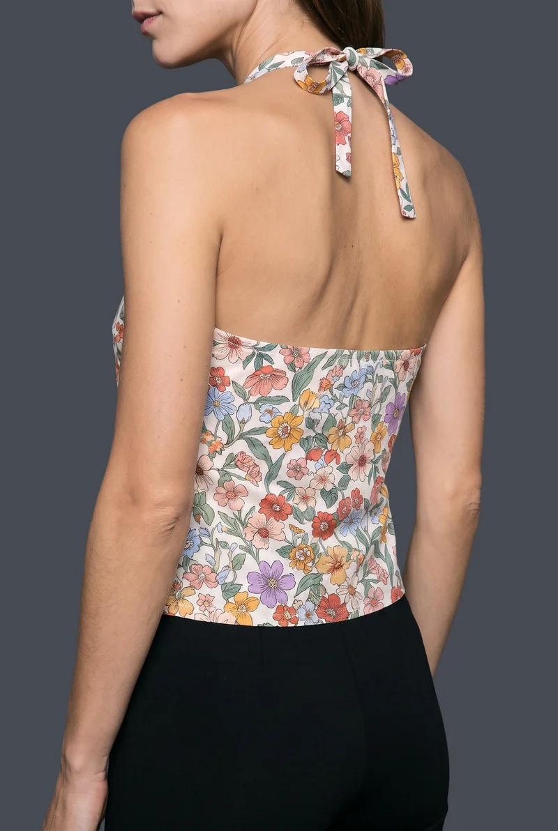 Floral Print Halter Top, Torso at Angled rear, Studio Cutout lighting