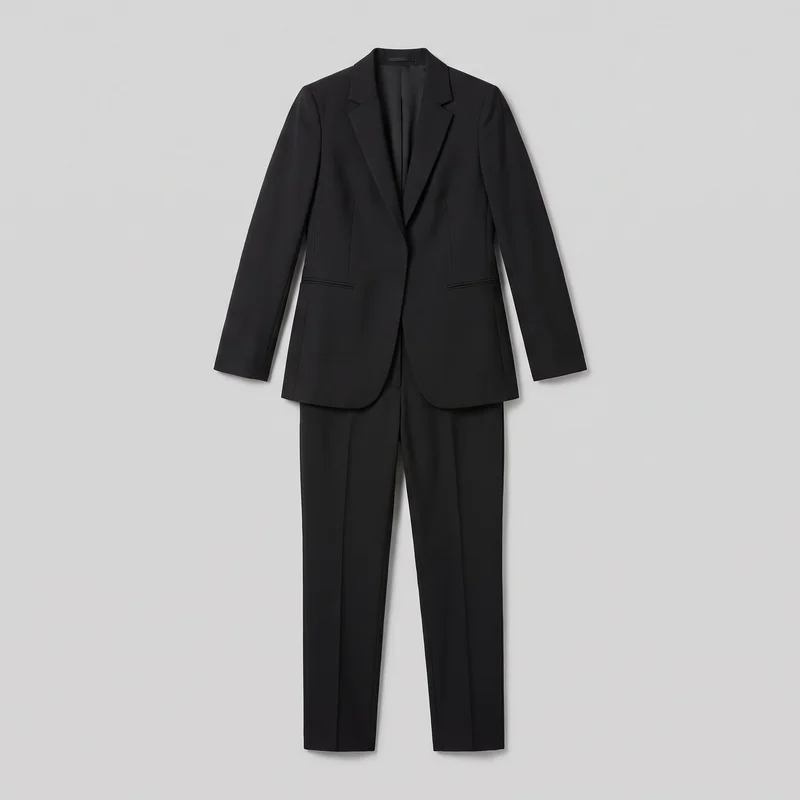 A black two-piece tailored pantsuit is shown front-facing against a plain backdrop, with the structured single-breasted blazer arranged over matching full-length trousers. The blazer has notched lapels, a collar, padded-looking shoulders, long straight sleeves, a hip-length curved hem, waist darts or panel seams, and horizontal welt pockets. The trousers have straight legs, full hems, and a defined front crease on each leg.