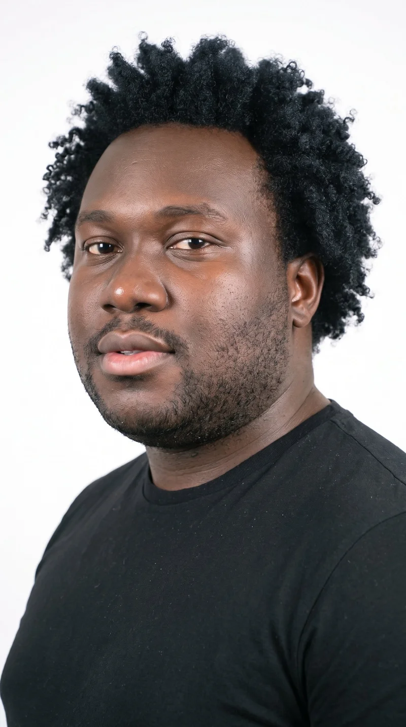 A 28-year-old African man with dark-brown skin and a cool undertone. His face is long, with a tall forehead and elongated cheeks, and he has thick eyebrows, brown eyes, and very full lips. His black hair forms defined, springy curls with natural volume, while dense heavy stubble creates a dark, defined layer across the beard area.