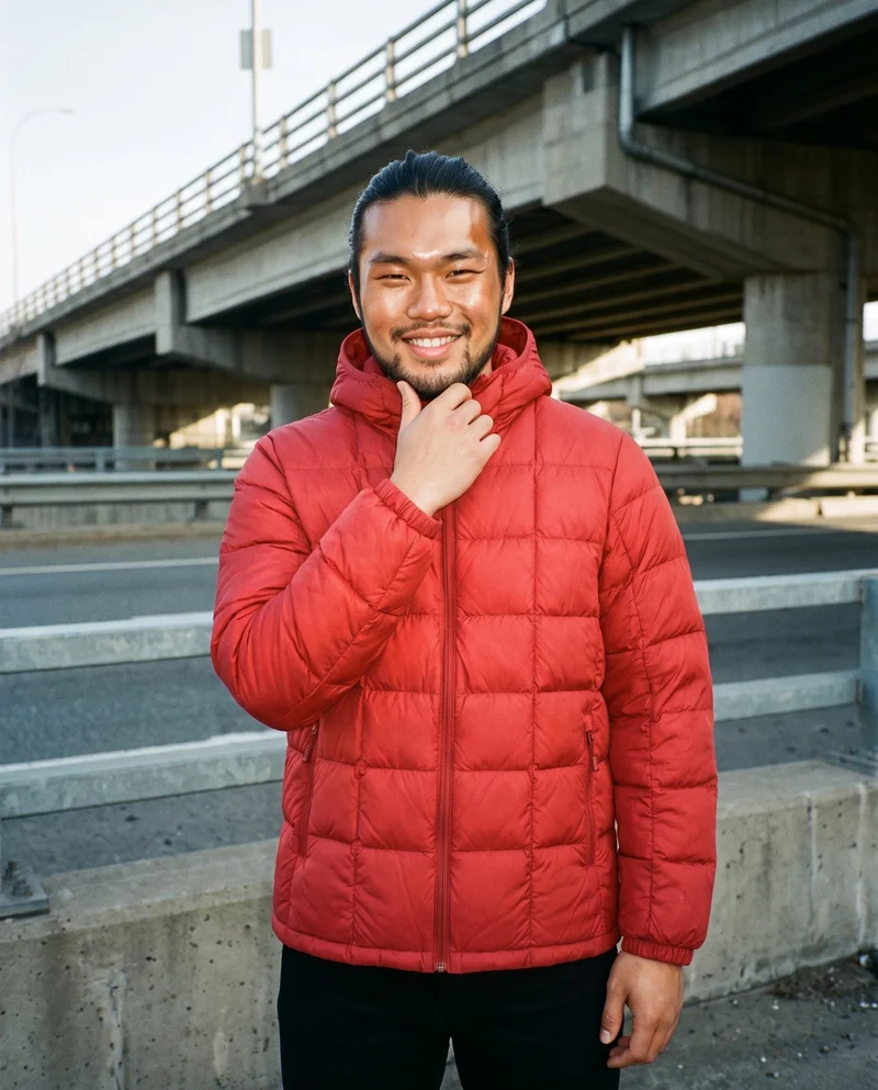 A 23-year-old Chinese man wears a red quilted down jacket in an upper-body front view, with one wrist raised at his jaw and a natural expression. A highway overpass forms the backdrop.