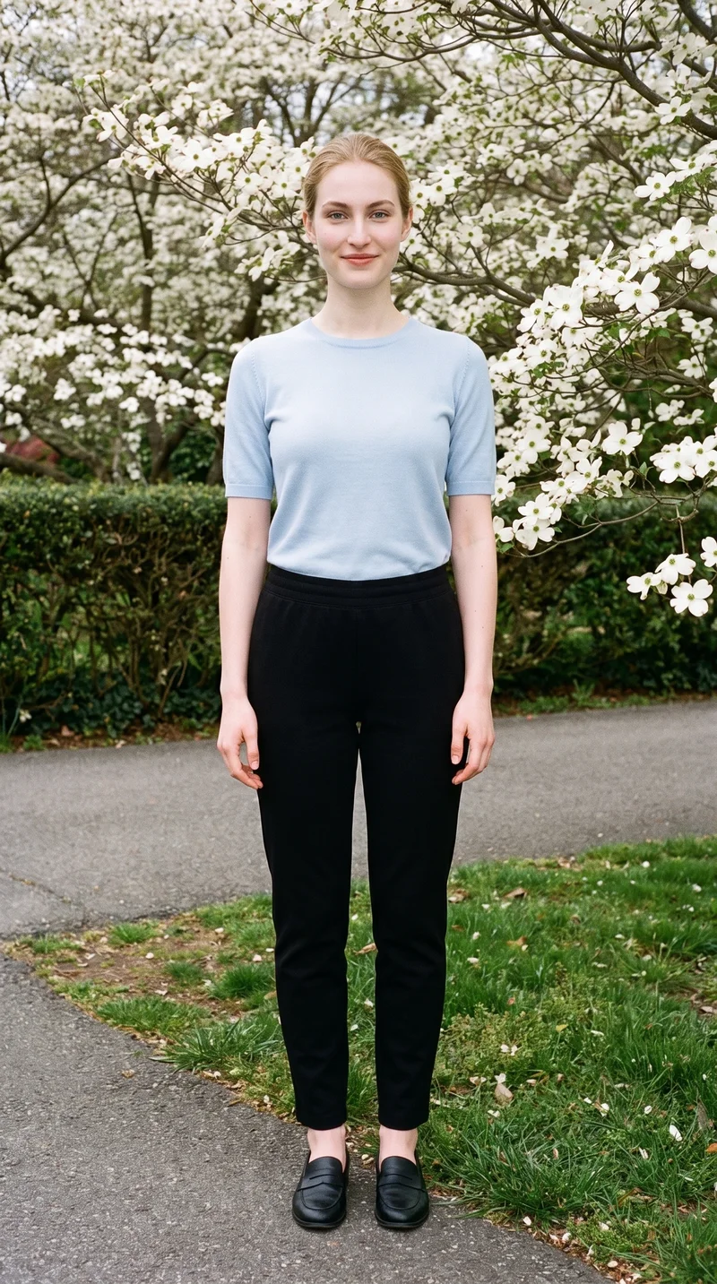 A 22-year-old Caucasian woman models black joggers in a full-body front view, standing with her ankles crossed and smiling. A dogwood tree grove forms the backdrop.