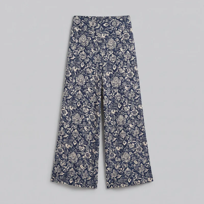 A complete front flat-lay view of printed palazzo trousers with a straight waistband, visible front rise seam, inner leg seams, and full-length wide legs that widen from the upper leg to straight-cut hems. The visible exterior is covered in a dense all-over botanical floral pattern, with no visible logos, patches, embroidery, or separate embellishments.