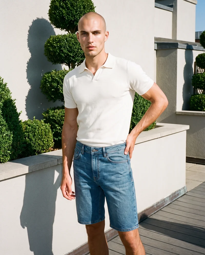 A 20-year-old Caucasian male model wears men's denim shorts in a three-quarter-length front view. He stands with his weight shifted back and a natural expression, against a rooftop garden formal backdrop.