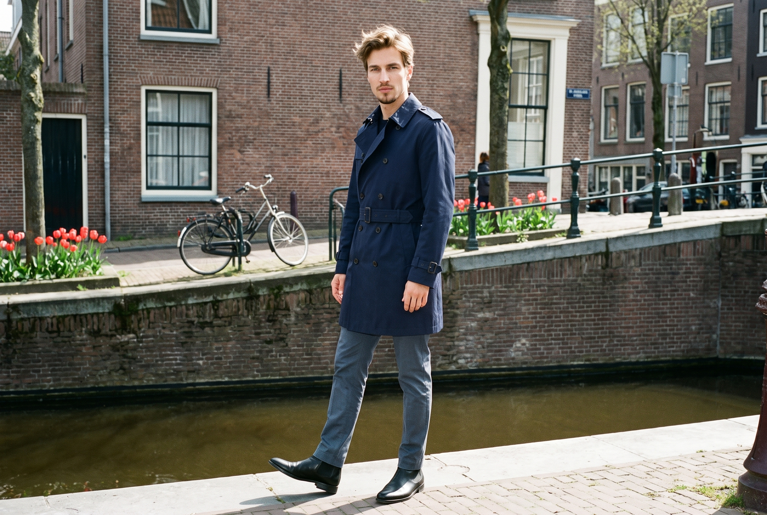 A 34-year-old Caucasian man wears a navy trench coat in a full-body front three-quarter view, posed with one hip out and a serious expression. An Amsterdam canal house forms the backdrop.