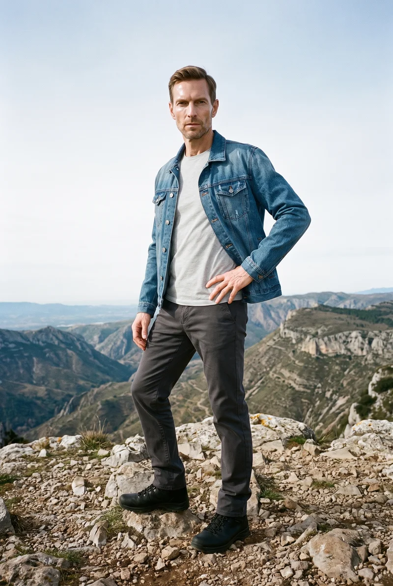 Men's Mid-Wash Oversized Denim Jacket, Full body at Three-quarter, Natural E-Commerce lighting