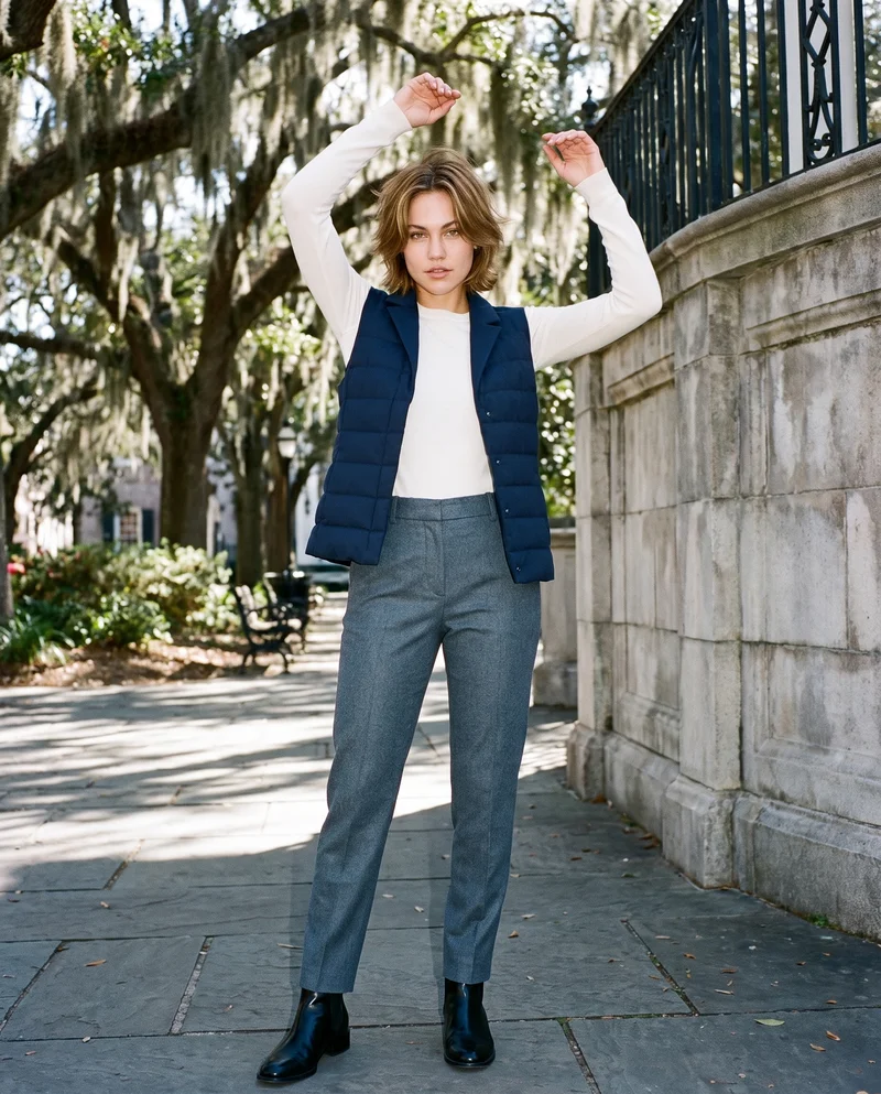 A 31-year-old Caucasian woman wears a women's navy padded gilet in a full-body front view with her arms overhead and a curious expression. The Spanish Moss Historic Square appears as the backdrop.