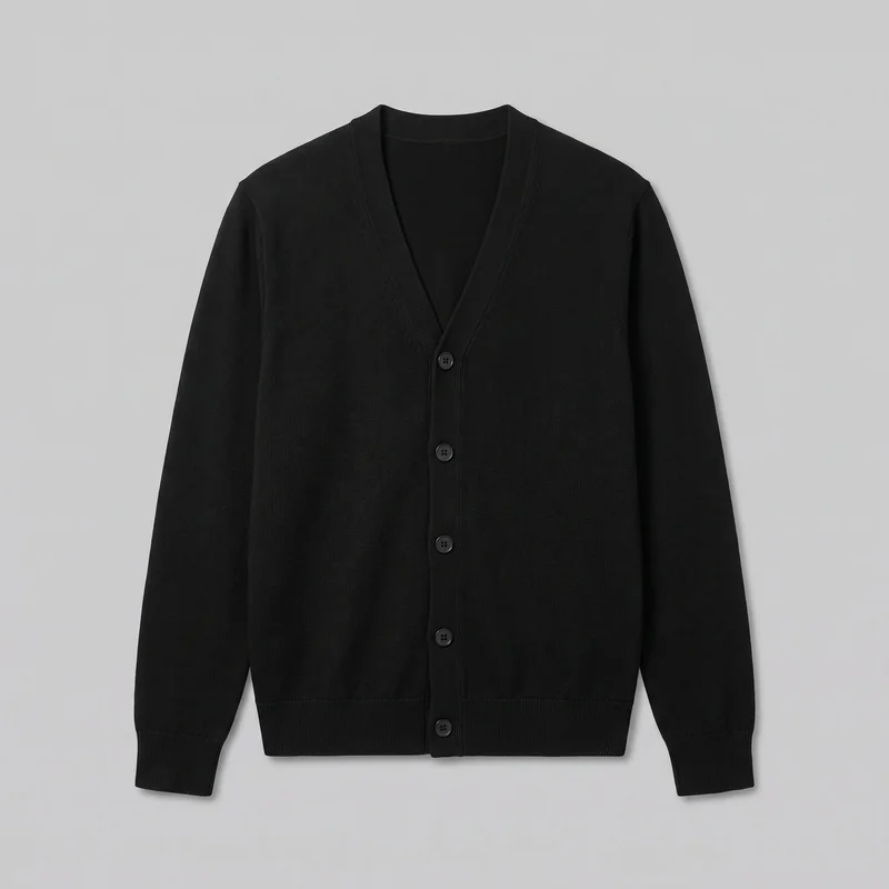 A black men's knit cardigan is laid flat in a front standalone view with most of its outline visible. It has a regular straight silhouette, a deep V neckline, dropped shoulders, long sleeves, ribbed edging at the neckline, front edges, hem, and cuffs, and a narrow vertical placket with five visible round buttons. No pockets, logos, prints, embroidery, or embellishments are visible.