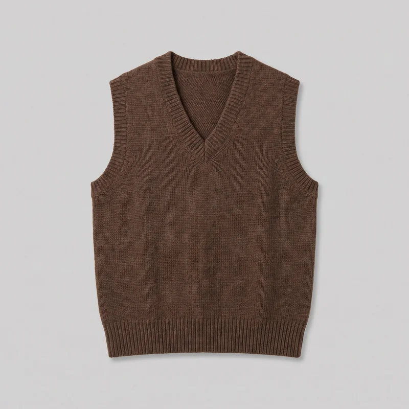 A full front-facing view of a brown sleeveless V-neck wool sweater vest shown as a standalone product. It has a regular straight silhouette, broad ribbed trim around the deep V neckline and armholes, a plain fine-knit body, and a wide ribbed bottom hem.