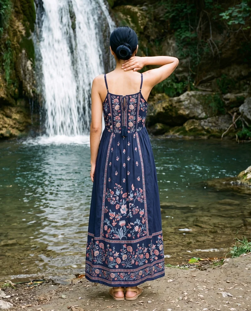 Navy Boho Maxi Dress, Full body at Back, Natural E-Commerce lighting