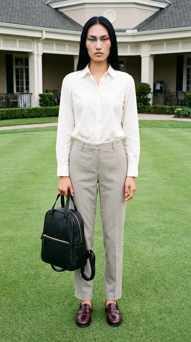 A 21-year-old Korean woman is shown full body from the front with a black leather backpack dangling beside her. The setting uses a country club backdrop, and her expression is natural.