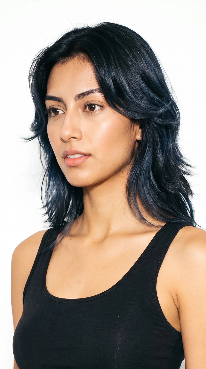 A 20-year-old Hispanic woman with a warm honey skin tone and olive-green undertone. Her face has large, even features with soft, rounded, doll-like proportions. She has medium-thickness eyebrows, brown eyes, and thin lips. Her black hair is styled in a layered butterfly cut with shorter face-framing pieces and added volume.