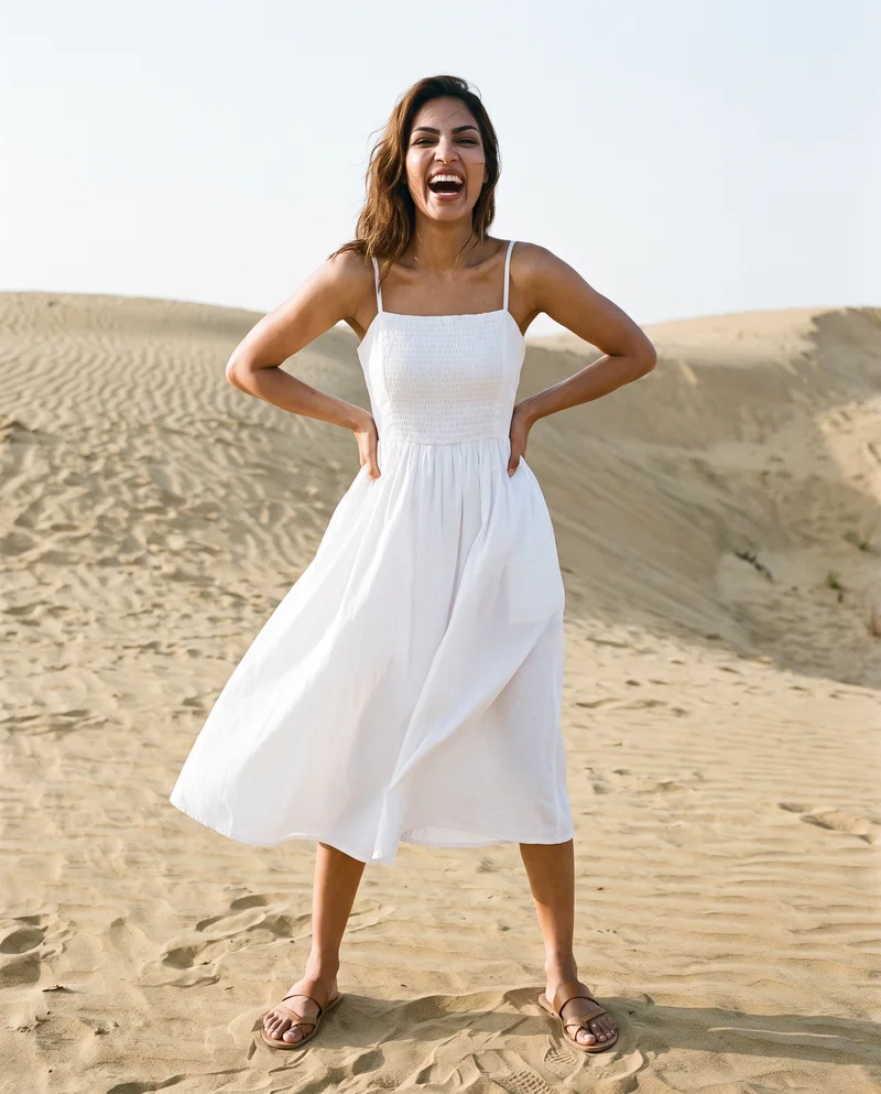 White Cotton Sundress, Full body at Front, Natural E-Commerce lighting