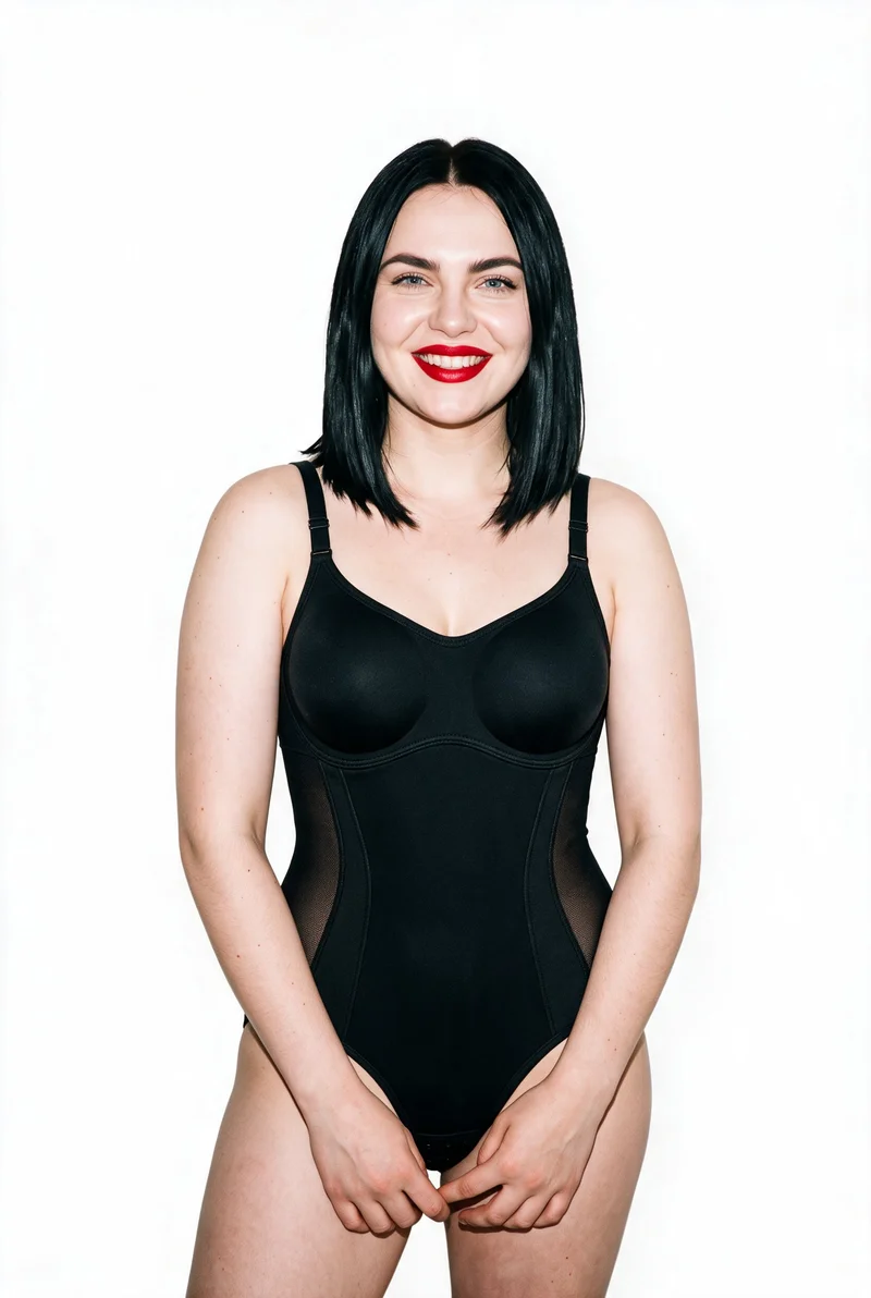 A 29-year-old Slavic woman wears black bodysuit shapewear in a front-facing, three-quarter-length view. Her hands are held in front, with a natural facial expression, against a pure white backdrop.