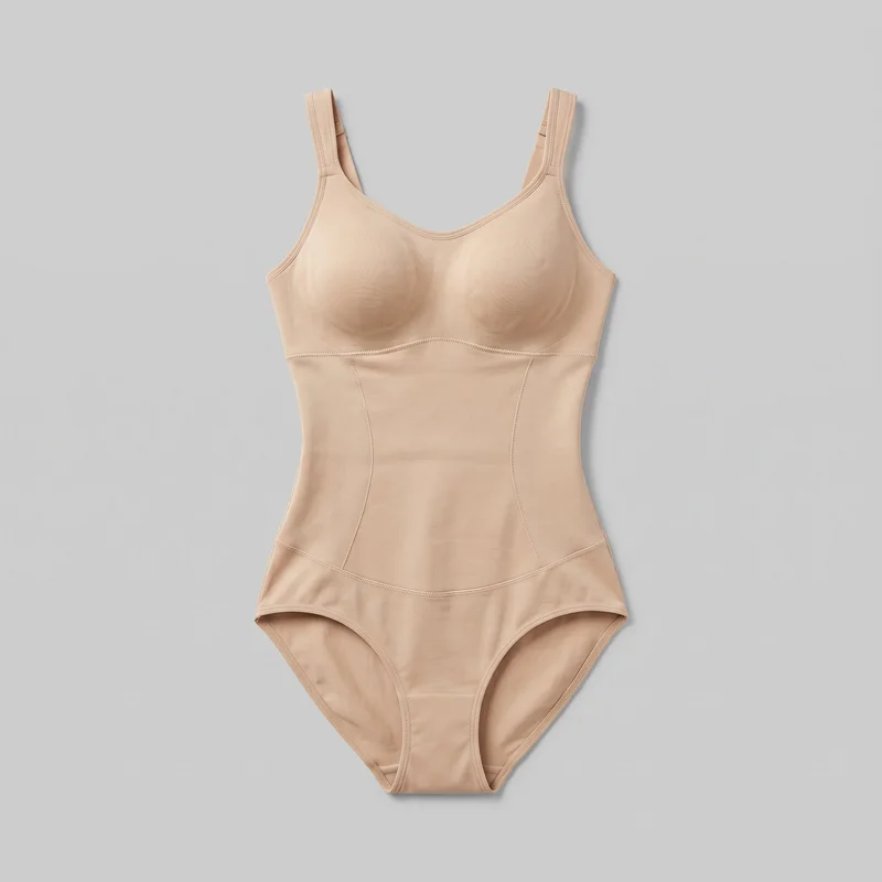 A women's one-piece shaping bodysuit is shown in a complete front flat-lay view. It has a scoop neckline, wide fixed shoulder straps, molded bust cups with a curved underbust seam, vertical torso panel seams, textured side compression panels, and a smoother central front panel. The lower section has a brief-style cut with curved leg openings and stitched trim around the legs and gusset area.