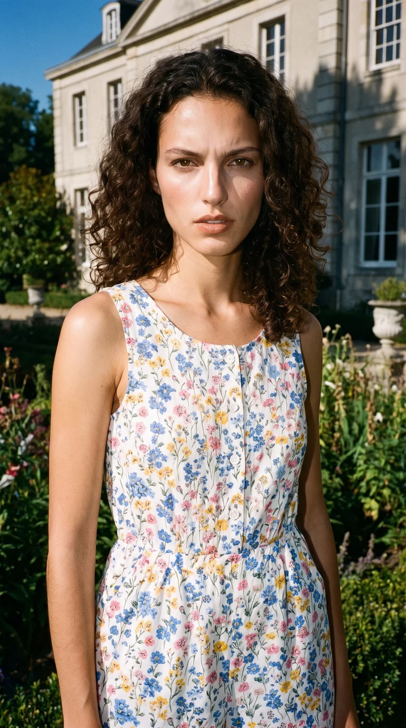 A 22-year-old Caucasian woman wears a floral print playsuit in an upper-body, angled-front view with her arms relaxed and an intense expression. An English countryside manor forms the backdrop.