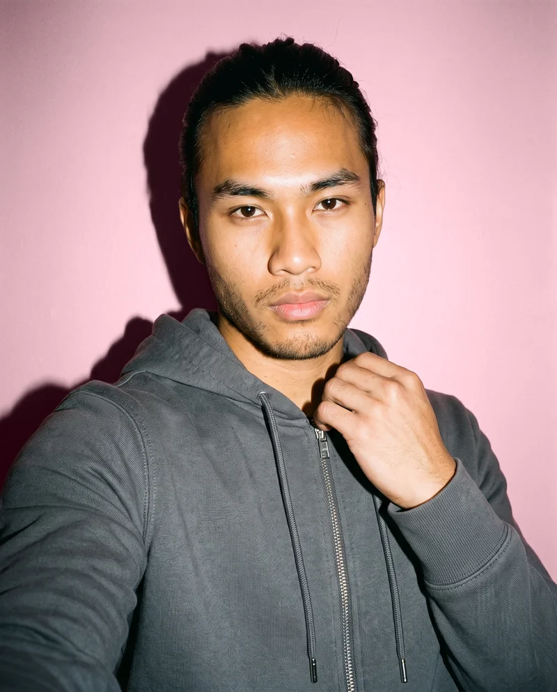 Men's Charcoal Cotton Zip-Up Hoodie, Selfie at Front, Flash Editorial lighting