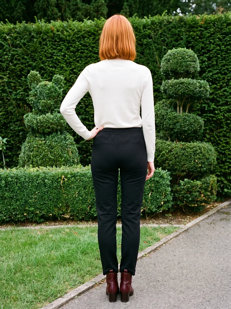 A 25-year-old Caucasian woman wears black joggers in a full-body back view, standing with one hand on her hip. A topiary garden forms the backdrop.