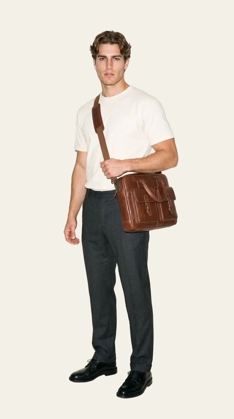 Brown Laptop Messenger Bag, Full body at Three-quarter, Studio Cutout lighting