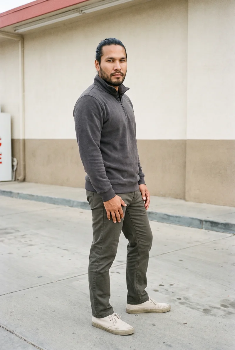Men's Charcoal Fleece Quarter-Zip, Full body at Front, Clean Catalog lighting