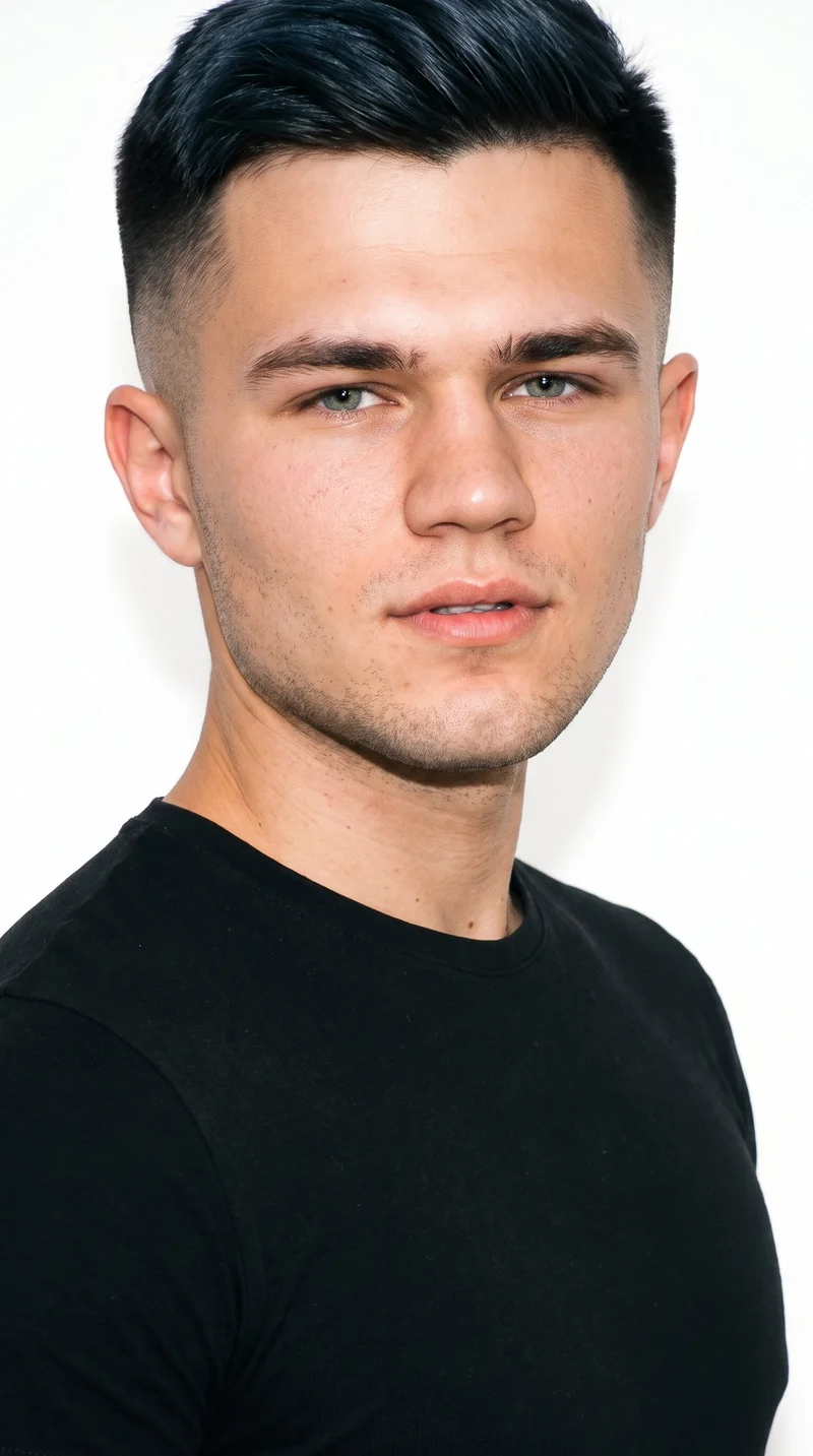 An 18-year-old Slavic male with very pale peach-toned skin and Eastern European facial features. His rugged, characterful face has a heavy jaw, medium-thick eyebrows, medium lips, and cool blue eyes. His black hair is longer on top and tapers to very short sides blending down to the skin. He is clean-shaven, with smooth skin across the entire face.
