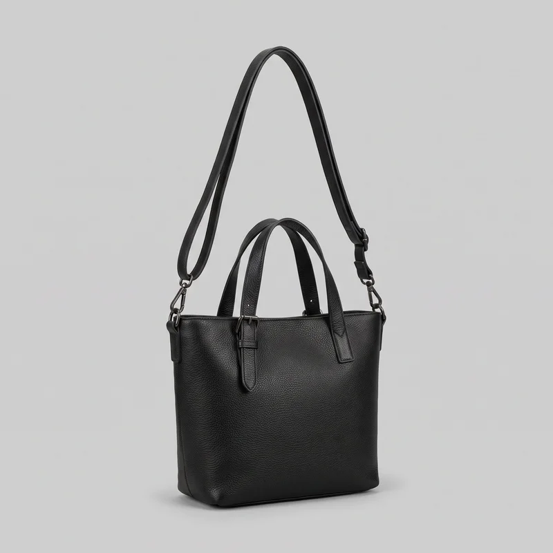 A structured black leather shoulder bag is shown in a mostly complete standalone view. The rectangular tote has a flat base, straight sides, an open top rim, two short top handles, and a detachable shoulder strap clipped to metal rings at both upper side seams. Pebbled-grain texture, stitched handle tabs, reinforced side attachments, strap edges, a narrow front-center tab with metal loop hardware, and clean panel seams are visible; no logos, prints, patches, embroidery, or embellishments are shown.