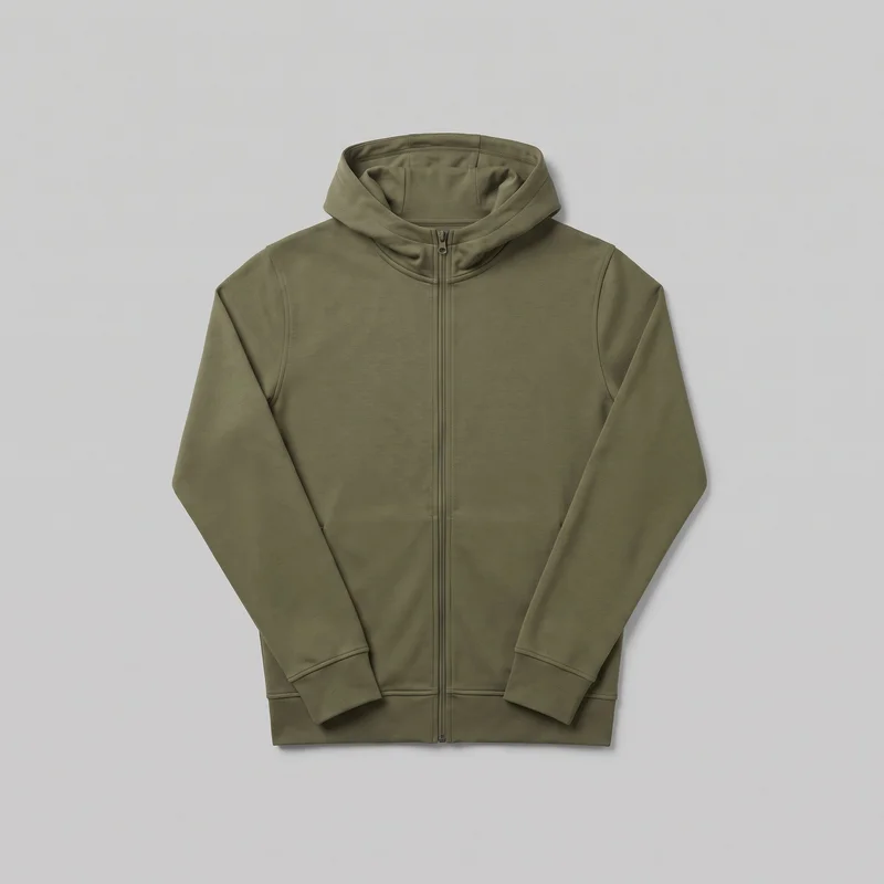 An olive full-zip hooded sweatshirt is laid flat in a centered standalone front view, with most of the full garment outline visible. It has a double-layer hood, a center-front zipper with a small ring pull, long sleeves with ribbed cuffs, curved shoulder and armhole seams, and a ribbed straight hem band. No pockets, logos, prints, patches, embroidery, or other embellishments are visible.