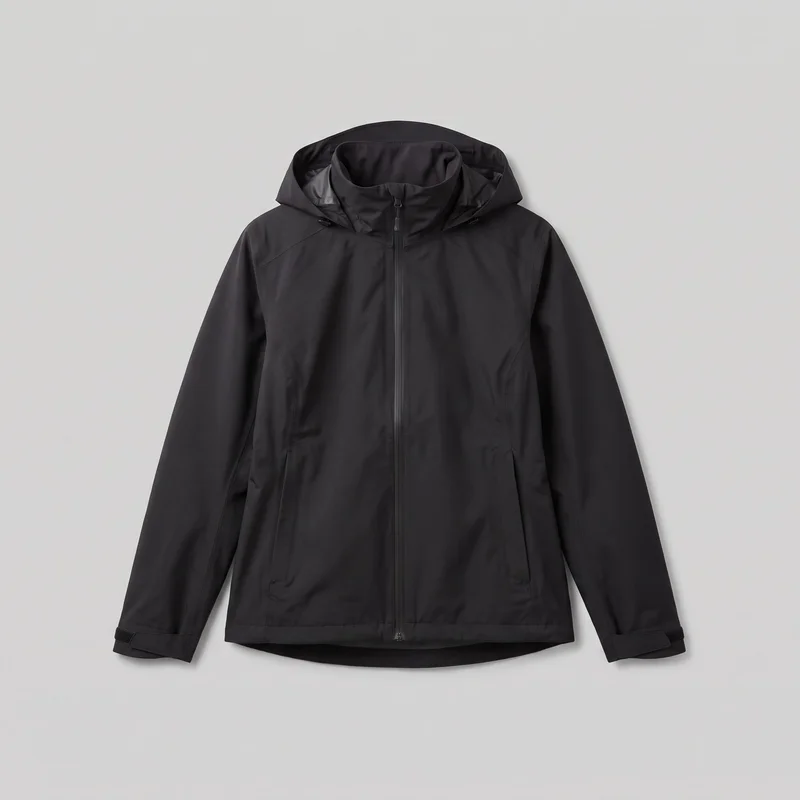 A black women's hardshell jacket is shown laid flat in a mostly complete front view. It has a hood around the high stand collar, long set-in sleeves with adjustable cuff tabs, a full-length center zipper, two lower vertical zippered hand pockets, shaped shoulder and side panel seams, and a straight front hem with a slightly dropped curved back hem visible underneath. Drawcord hardware is visible at the base of the hood, with no logos or embellishments.