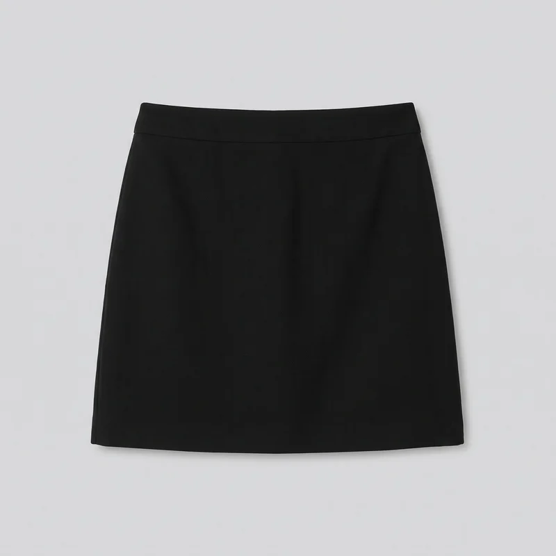 A black women’s A-line mini skirt is shown laid flat in a full standalone front view. It has a straight top edge, wide smooth waistband, horizontal seam directly below the waistband, clean side edges, a plain unbroken front panel, and a straight hem.
