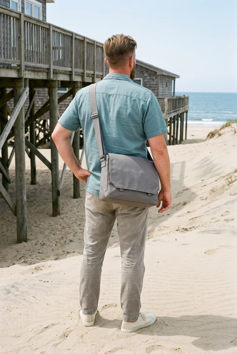 A 43-year-old Slavic man is shown full body from the back with the grey canvas messenger bag positioned at his waist. The Outer Banks Beach House serves as the backdrop.