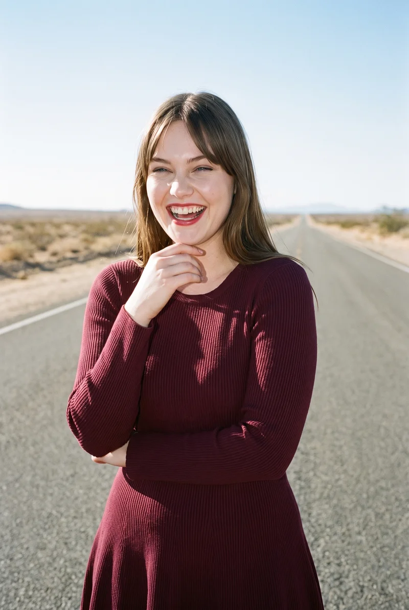 A 21-year-old Caucasian woman wears a burgundy knit midi dress, shown from the upper body at a front three-quarter angle with one hand at her chin and a laughing expression. An endless desert highway serves as the backdrop.