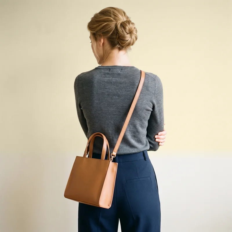 A 21-year-old Caucasian woman is shown in an upper-body back view, holding her elbow while wearing a women's tan crossbody bag. A wheat-field backdrop fills the background.