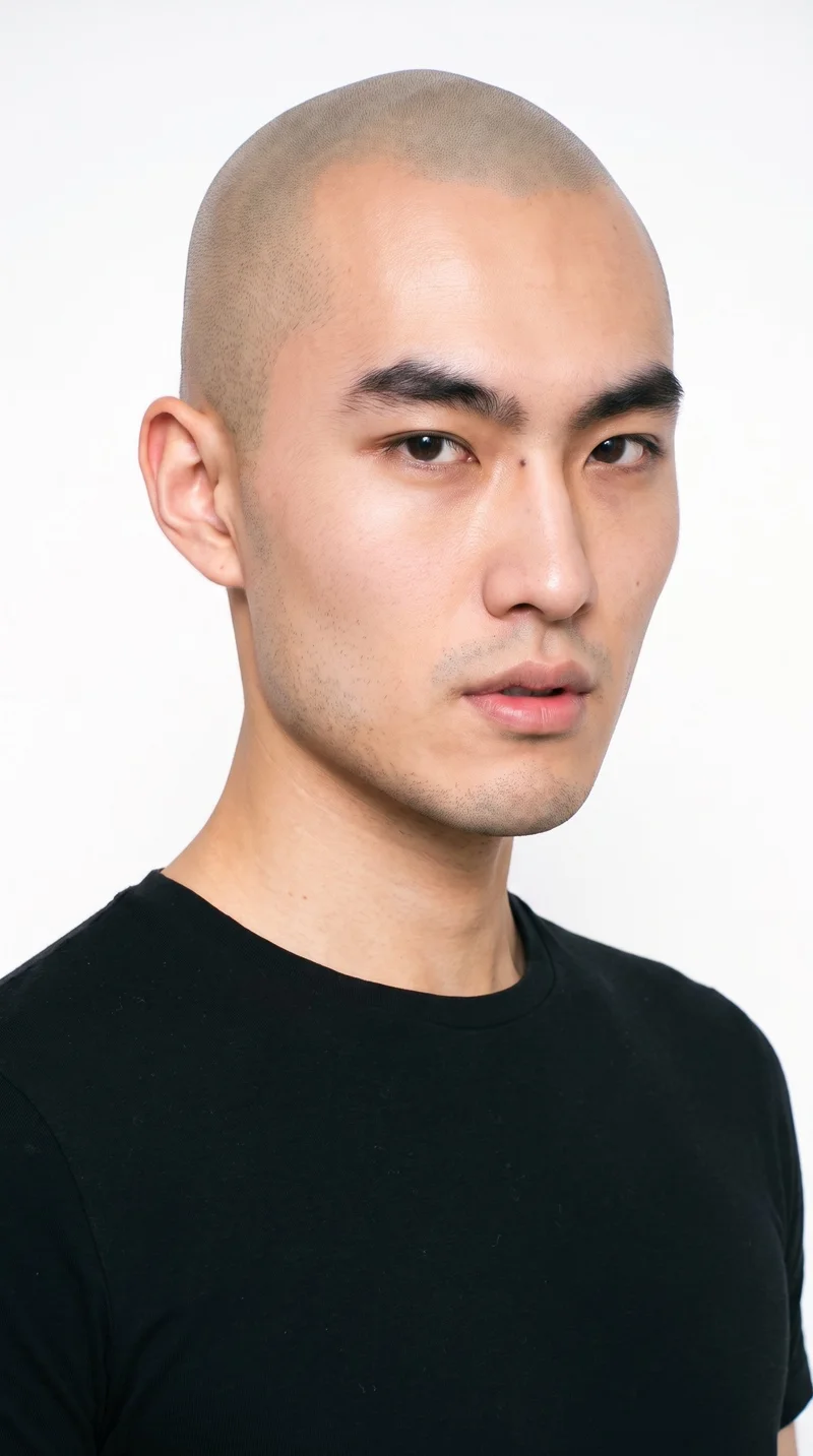 This 24-year-old Chinese man has lightly tanned, fair skin with a neutral undertone and smooth, softer features in a refined face shape. His eyebrows are thick, and his eyes are very dark, near-black. He has thin lips, a bald scalp with no visible hair, and a clean-shaven face without facial hair.