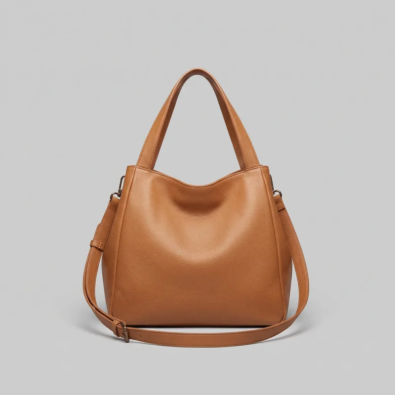 Tan slouchy hobo-style shoulder bag shown as a standalone front view. The bag has a softly structured rectangular body with rounded lower corners, a concave top opening, integrated arched handles, and a detachable crossbody strap draped across the front. Pebbled grain, stitched edge binding, side seams, tabs, and metal clips and rings are visible.