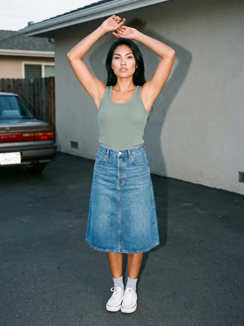 Mid-Wash A-Line Denim Skirt, Full body at Front, Natural E-Commerce lighting