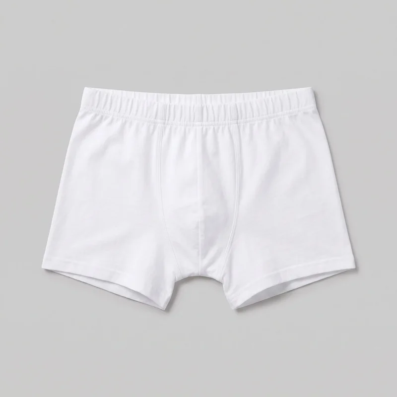 White men's boxer-brief underwear shown flat as a complete standalone product. The close-fitting trunks have a wide elastic waistband, short legs with straight openings, a contoured front pouch, vertical front seaming, curved fly-panel seams, gathered waistband stitching, and double-stitched leg hems. No buttons, zippers, pockets, logos, prints, patches, embroidery, or other embellishments are visible.
