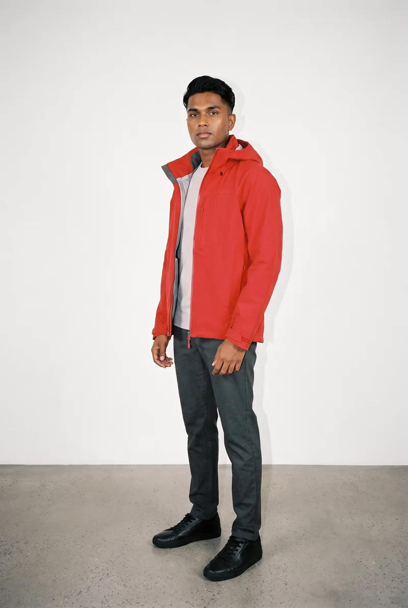 Men's Red Hardshell Jacket, Full body at Three-quarter, Natural E-Commerce lighting