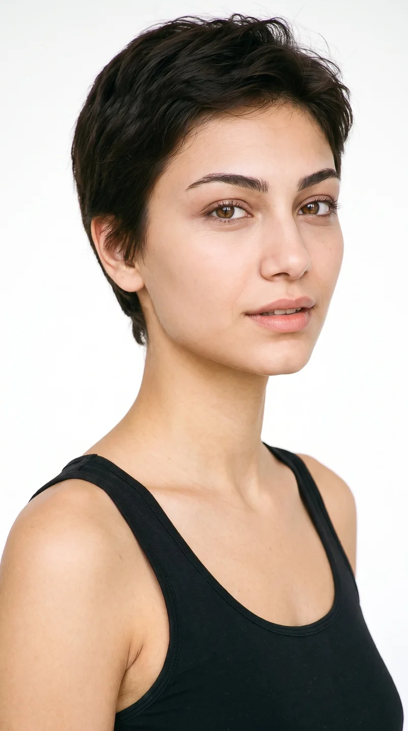 A 19-year-old Turkish woman with light-tan skin and a neutral undertone has an oval face with balanced proportions and a softly rounded jaw. She has thick eyebrows, brown eyes, and full lips. Her dark-brown hair is styled in a very short pixie cut, close at the sides with more length on top.