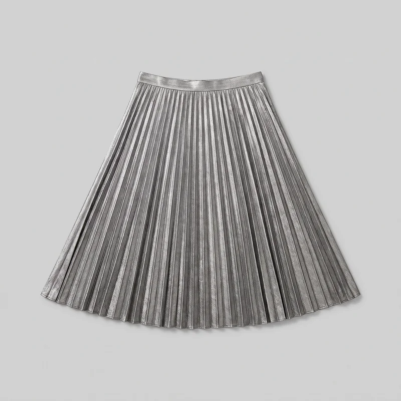 A metallic women’s A-line skirt is shown as a mostly complete standalone product view. It has a fitted waistband, a high-rise appearance, dense vertical accordion pleats from the waistband to the hem, and a mid-to-long flared silhouette with a wide sweep and subtly rippled lower edge. No pockets, closures, logos, prints, patches, embroidery, or embellishments are visible.