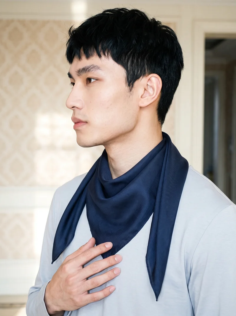 Men's Navy Silk Scarf, Upper body at Side, Natural E-Commerce lighting