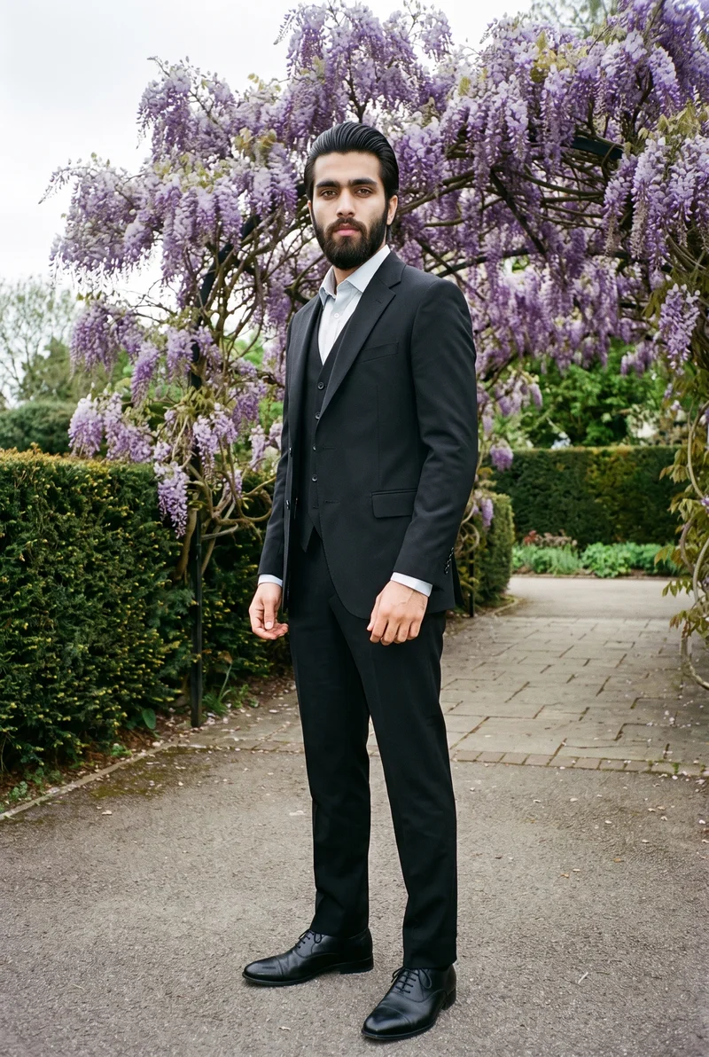 Men's Black Three-Piece Suit, Full body at Three-quarter, Natural E-Commerce lighting