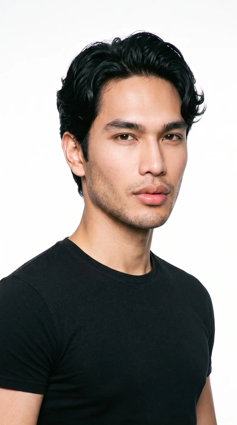 A 25-year-old Southeast Asian man with lightly tanned, fair skin and a warm golden undertone. His face has smooth, even, softer features in a refined balance, with thin eyebrows, very dark near-black eyes, and very full lips. His deep black hair falls in soft, natural waves, and very short facial-hair growth creates a faint, even shadow across the beard area.