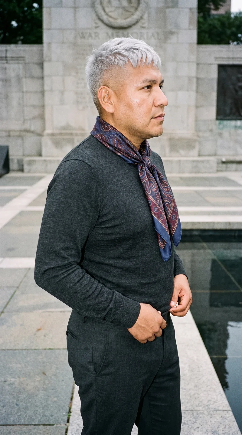 Men's Patterned Silk Scarf, Three-quarter length at Side, Clean Catalog lighting